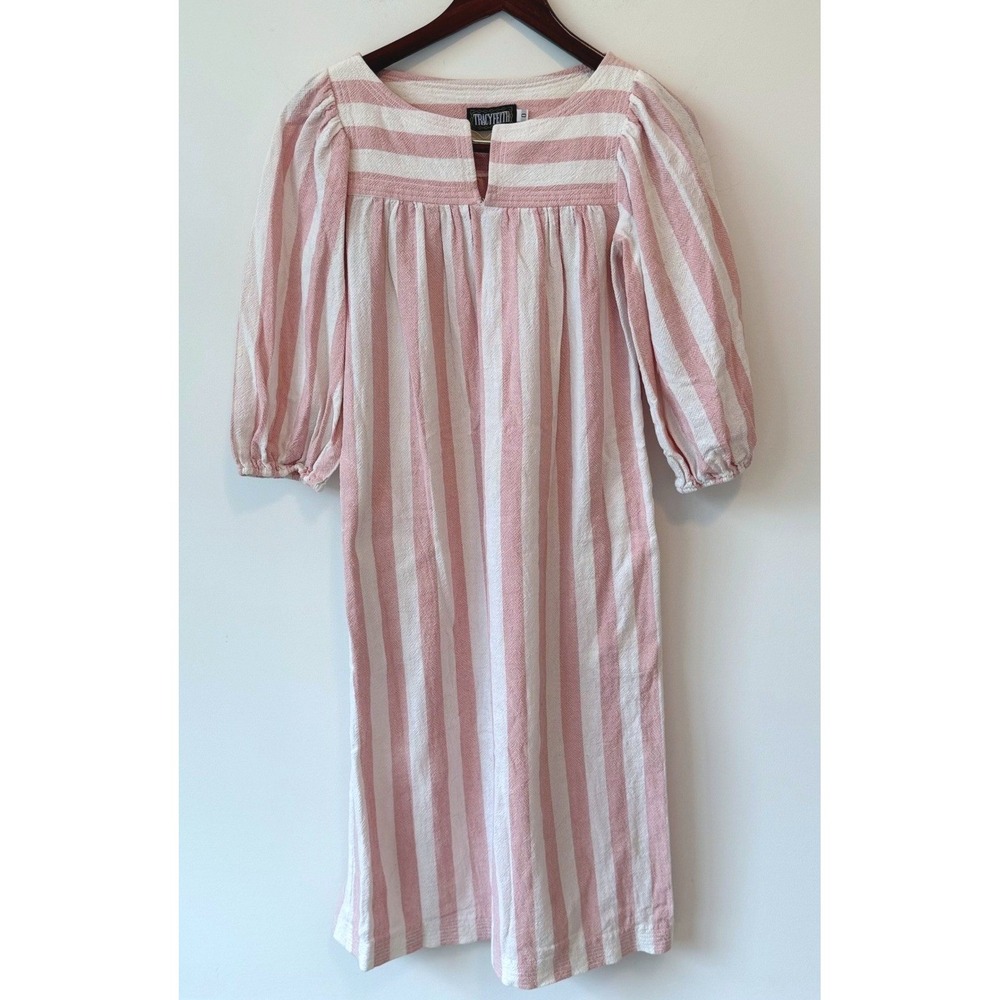 Vintage Tracy Feith Women's Pink Striped Cotton‎ Puff Sleeve Maxi Dress Size 0